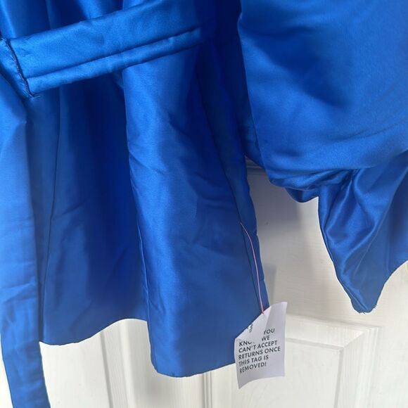ASOS LUXE Belted Drama Sleeve Structured Satin Mini Dress Electric Blue SZ 8 NWT - Picture 9 of 11